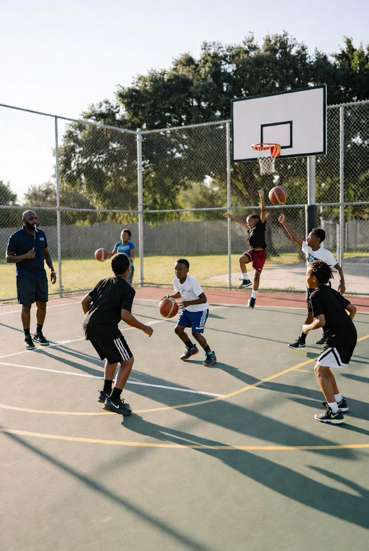 Coach and players in a basketball scrimmage